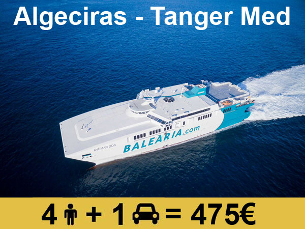 Oferta de Balearia en el barco Algeciras Tanger Med 4 adultos con coche 475 euros con el código ENFAMILLE