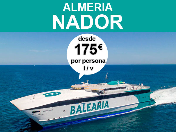 ferry Almería Nador desde 175 euros por persona, vaijando 4 adultos con coche, ida y vuelta con Balearia