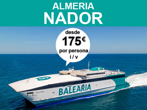 ferry Almería Nador desde 175 euros por persona, viajando 4 adultos con coche, ida y vuelta con Balearia