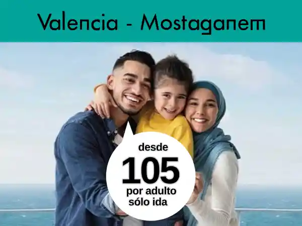 ferry Valencia Mostaganem desde 105 euros y con coche por 225 euros más.