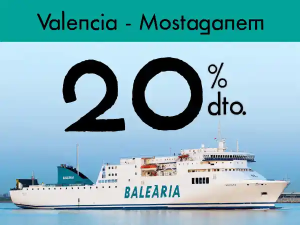 20% de descuento en tu próxima reserva en butaca en el ferry Valencia Mostaganem de Balearia si realizas 2 trayectos (un ida y vuelta es válido) entre España y Argelia